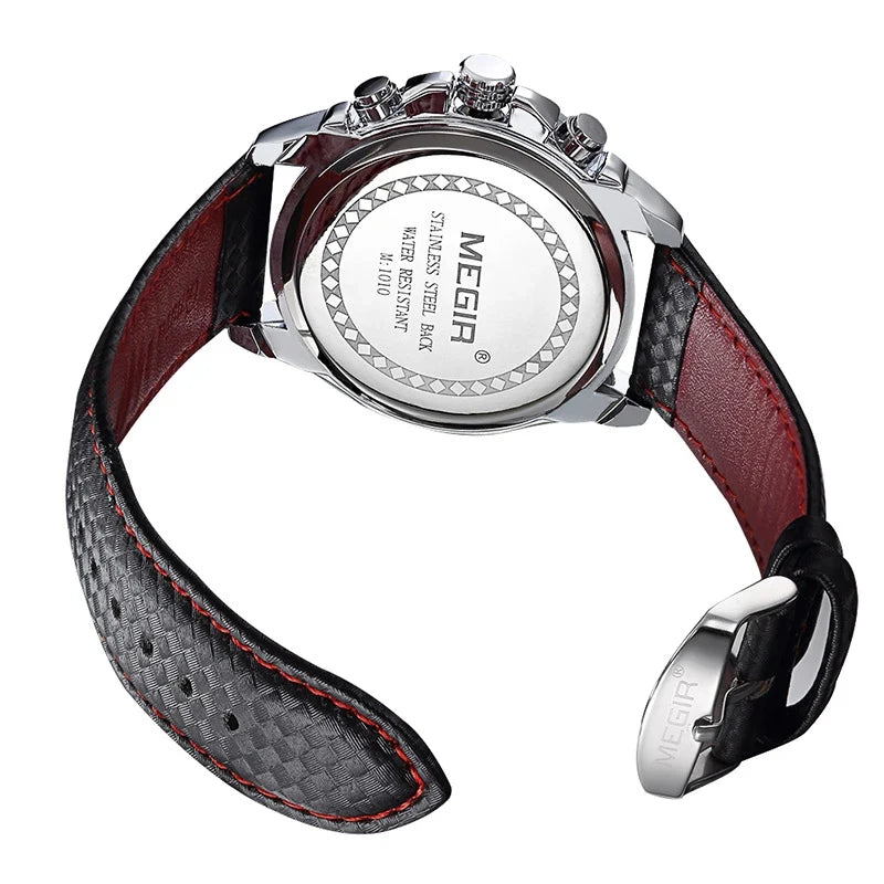 MEGIR analoog quartz-polshorloge voor heren – Waterdicht luxehorloge met leren band, casual stijl, model 1010 (zwart)