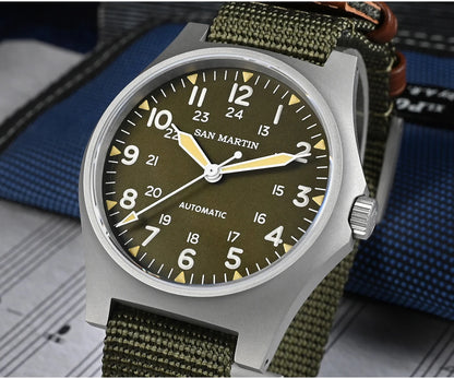 San Martin Pilot Watch 38mm NH35 Retro Military Automatic Mechanical Wristwatch Bead Blasted Case Waterproof 100m SN0137