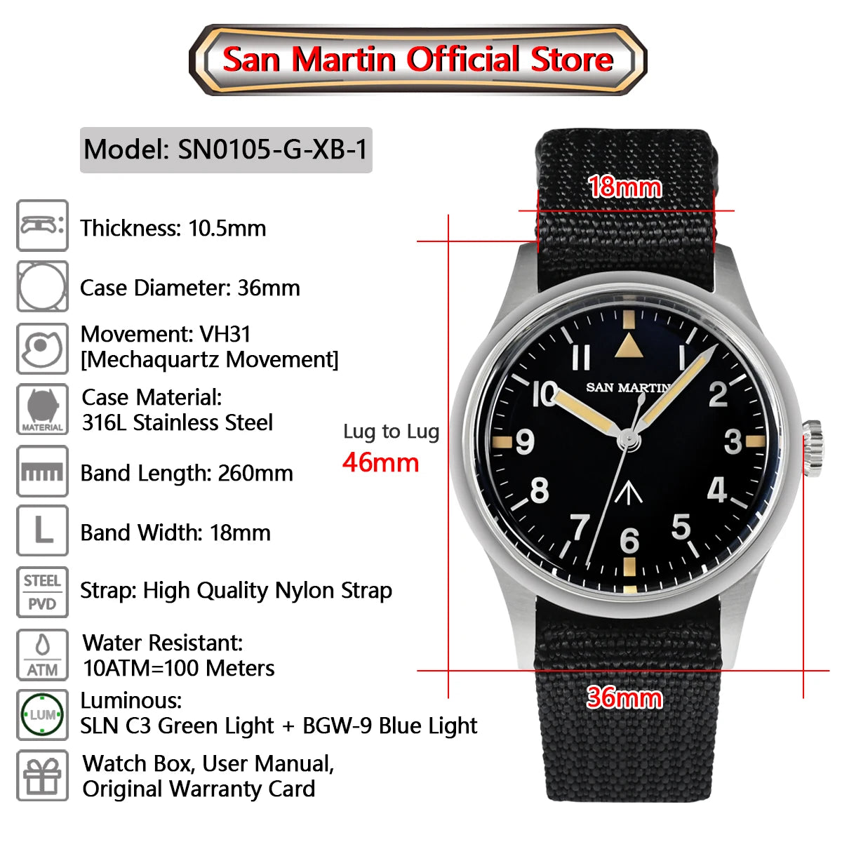 San Martin 36mm Men Pilot Watch VH31 Mechaquartz Movement Sweep Second Quartz Series Simple Style Nylon Strap 10 Bar Luminous