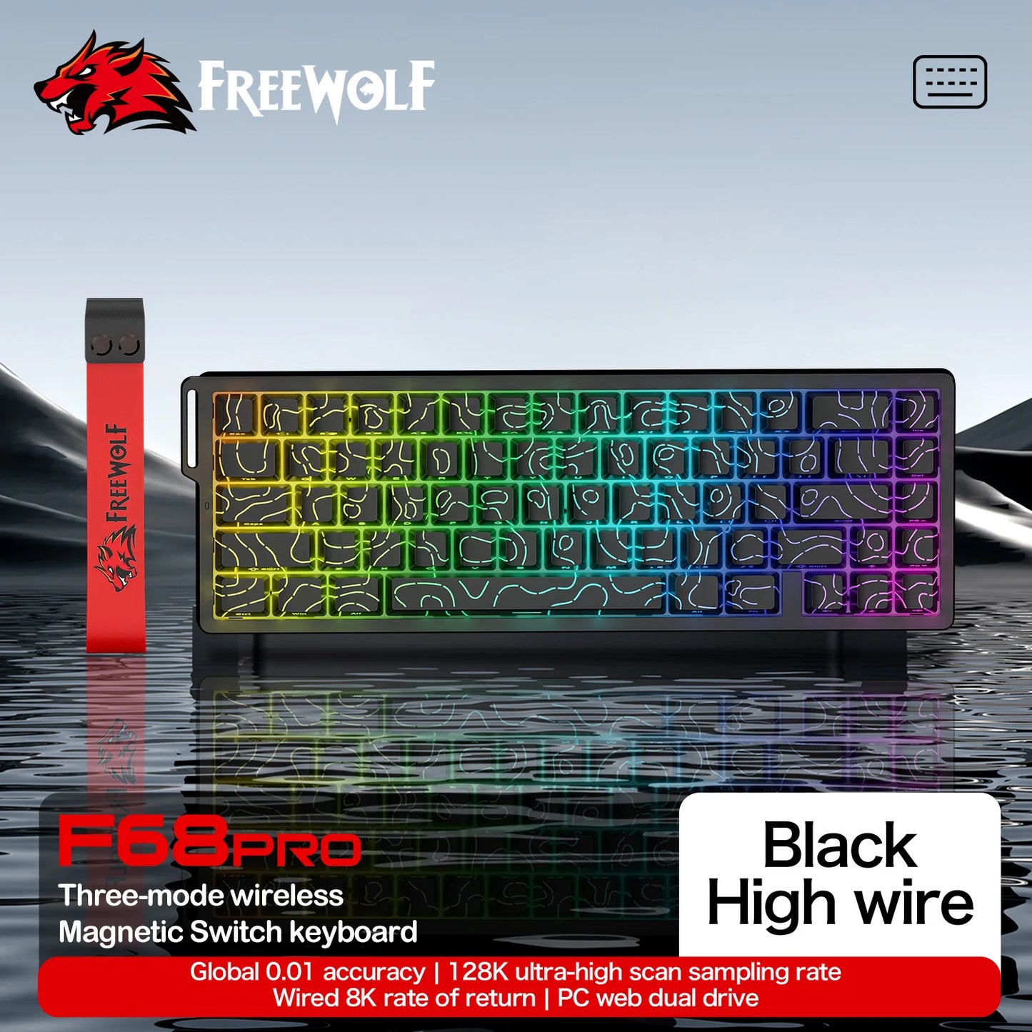 FREEWOLF F68 F68Pro Gaming Keyboard Magnetic Switch 3-Mode Wireless Bluetooth Wired, 8K/1K Polling RGB Hot-Swap RT VALORANT FPS