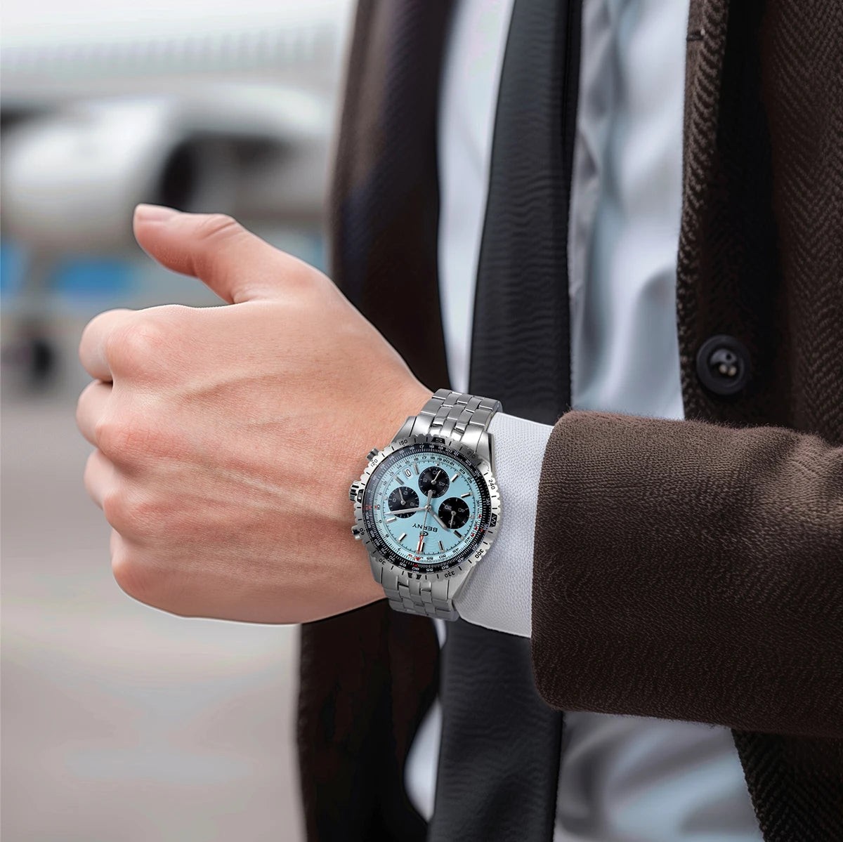 Vyrų chronografas „BERNY“ – daugiafunkcinis kvarcinis laikrodis, sukurtas pagal aviacijos stilių, su datos rodikliu, safyro stiklu ir puikiu švytėjimu – prabangus vyrų rankinis laikrodis