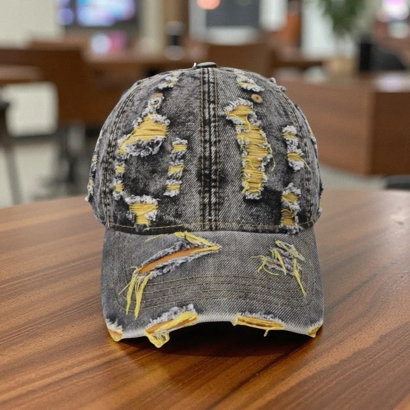 Vintage Washed Distressed Denim Colorful Baseball Cap for Men Women, Fashion Two-Tone Ripped Sun Protection Visor Hat Trendy