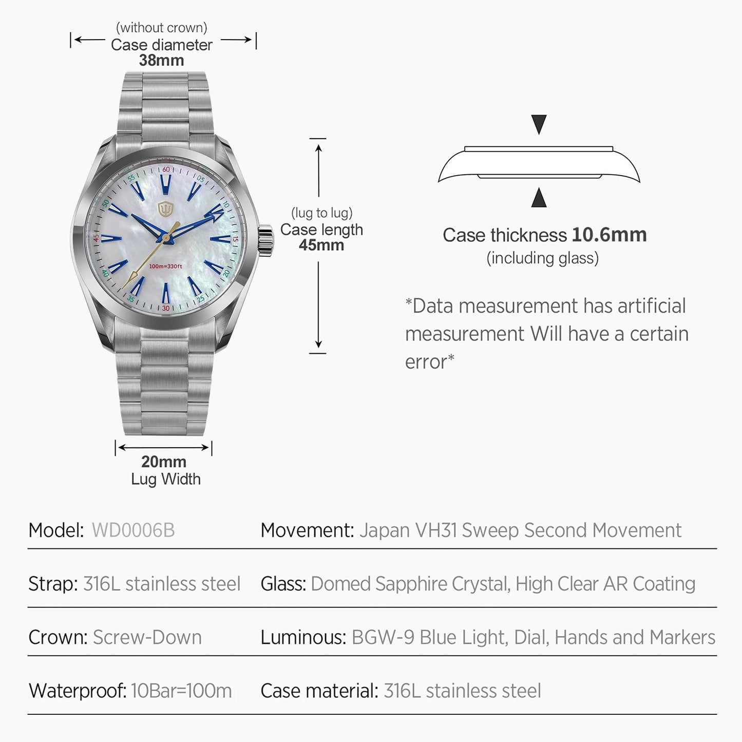 Watchdives WD0006B VH31 Quartz Wristwatches White Mops Dial AR Sapphire Luminous BGW9 100M Waterproof 38Mm Stainless Steel Watch