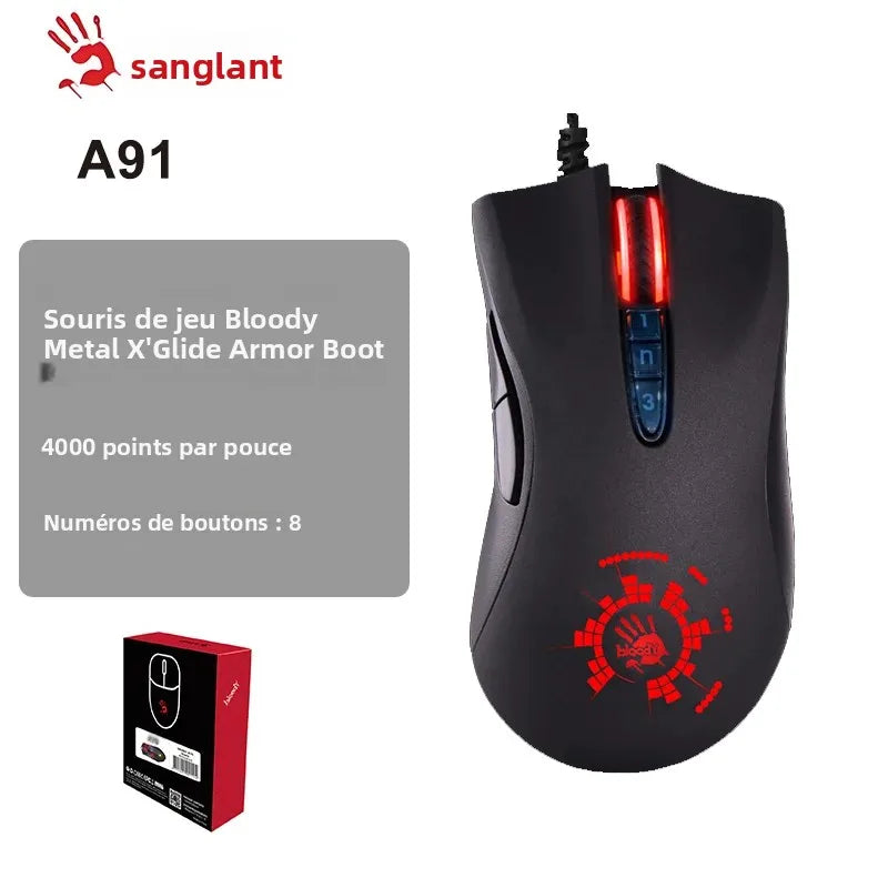 A4TECH Bloody A91 Gaming Mouse, 4000 DPI, Drag Click, 1000HZ, 6666FPS, 8 Buttons, Metal X' Glide Armor Boot, Over 20 million clicks