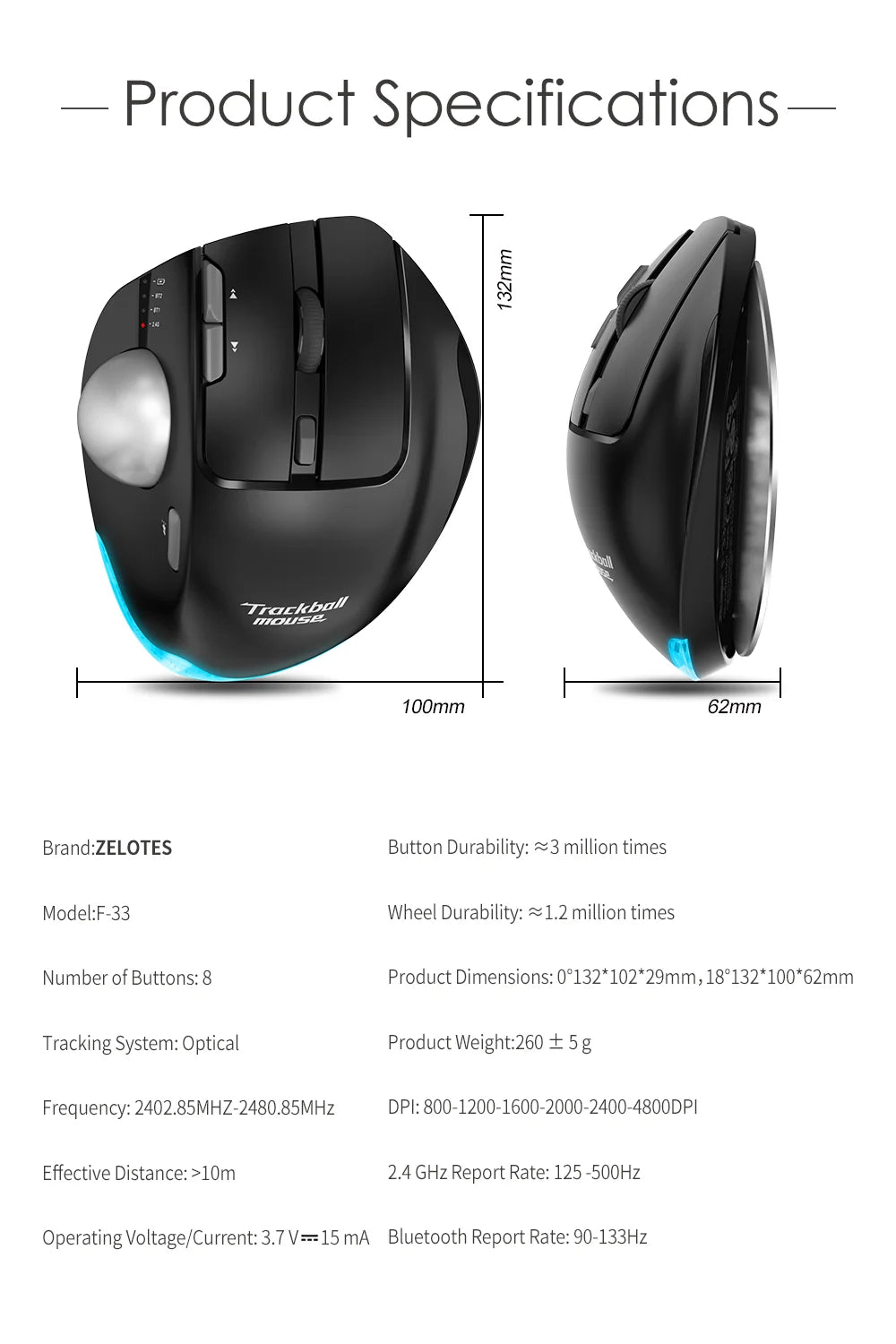 Lefon F33/F26C/F35B Trackball Mouse/Bluetooth Ergonomic Mouse 2.4G Wireless Rechargeable Rollerball Mice for PC Office Drawing