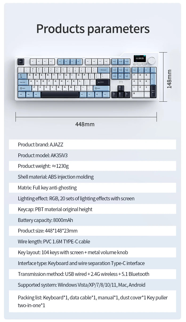 Ajazz AK35I V3/V4 MAX Tri-mode Wired Bluetooth Wireless Gaming Keyboard Gasket Full Key Hot Swap 104 Keys Customized Keyboard