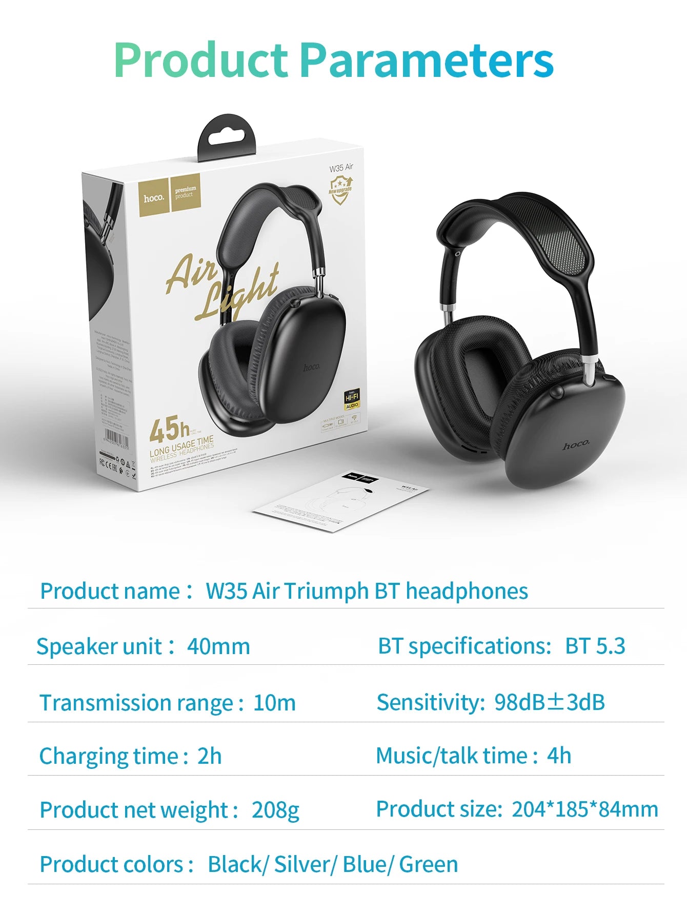HOCO W35 Air Over-ear Bluetooth Headphones Wireless Sports headset Suport TF card AUX mode Stereo Smart Gaming Student Earphones