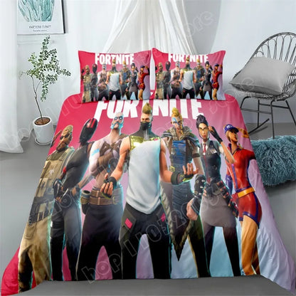 Fortnite-Bettwäsche-Set, 3-teilig, 3D-Druck, Bettwäsche für Schlafzimmer, Gaming-Cartoon-Dekor, Bettbezug und Kissenbezug, Geburtstagsgeschenk