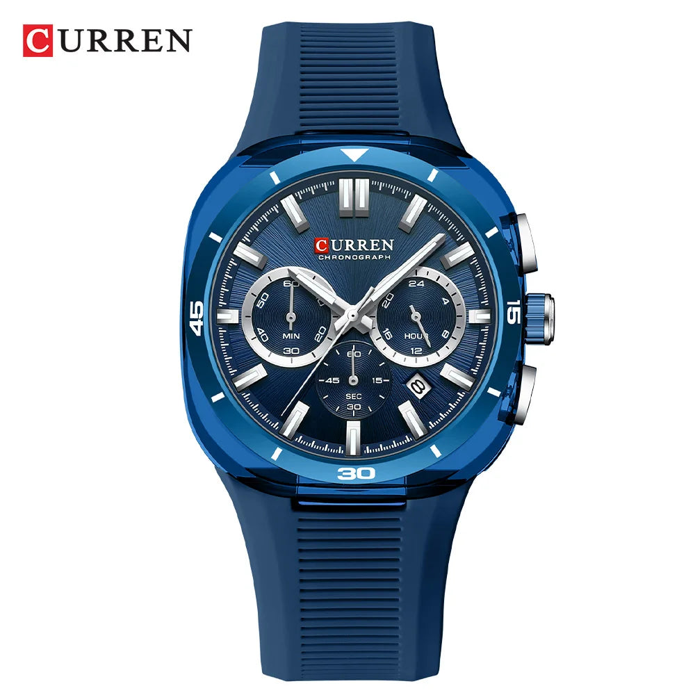 Ceas pentru bărbați CURREN – Nou model de lux cu mecanism cu cuarț, brățară din silicon, stil sportiv, multifuncțional, rezistent la apă, luminat, cu afișaj al datei și cronometru.