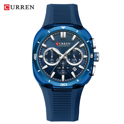 Ceas pentru bărbați CURREN – Nou model de lux cu mecanism cu cuarț, brățară din silicon, stil sportiv, multifuncțional, rezistent la apă, luminat, cu afișaj al datei și cronometru.
