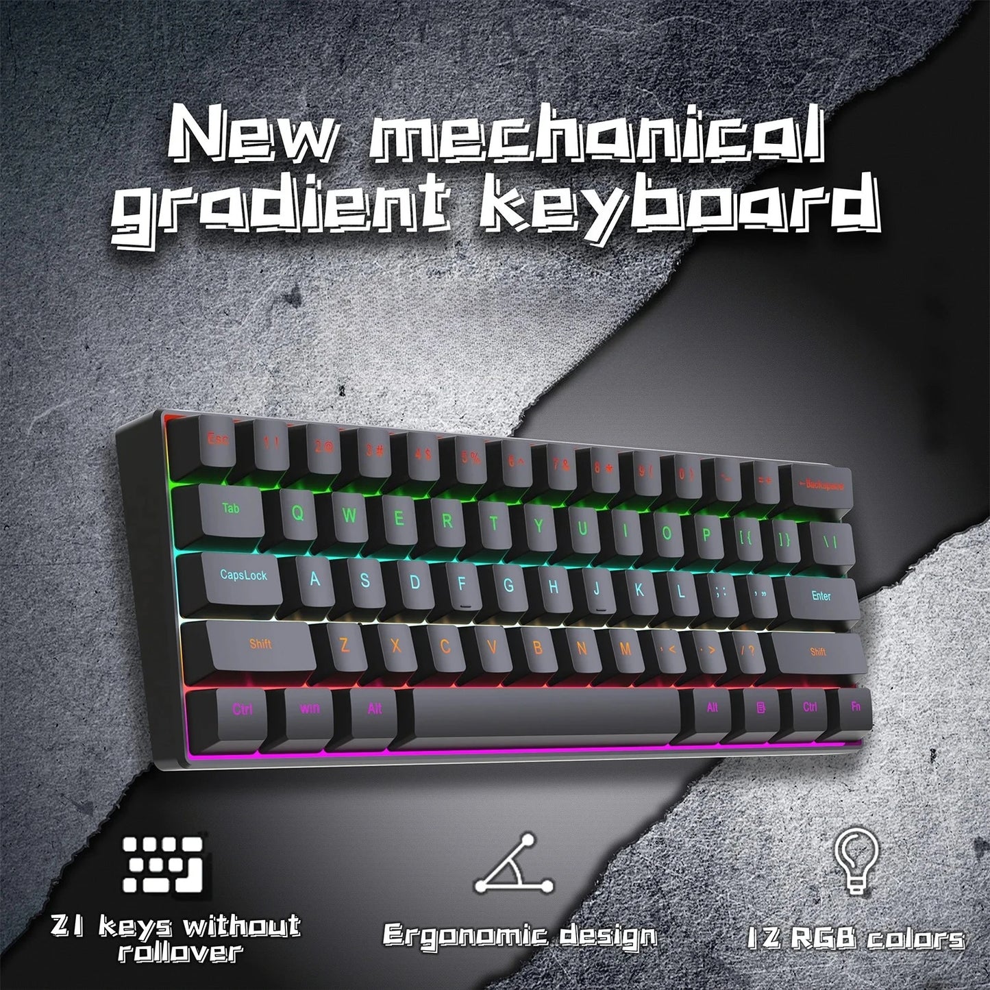 H61K USB-Type C Wired Mechanical Keyboard Red Switch RGB Backlit 61 Keys English Spanish Wired Keyboard for Game Office