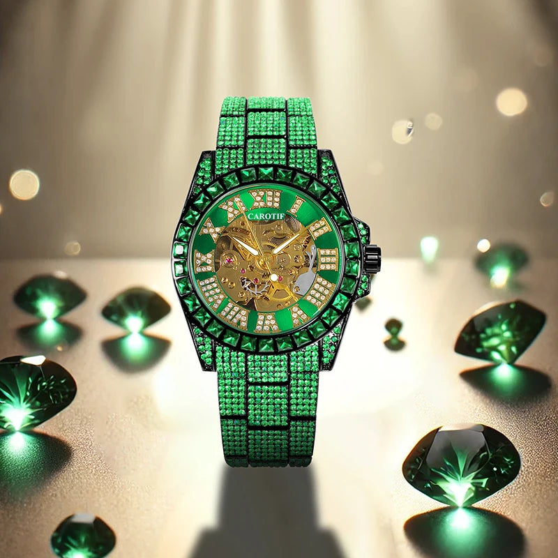 A men's green steel strap luxury trendy analog delicate pinion automatic mechanical watch