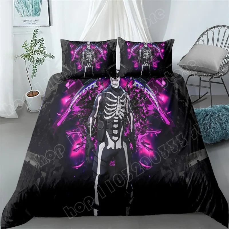 Fortnite-Bettwäsche-Set, 3-teilig, 3D-Druck, Bettwäsche für Schlafzimmer, Gaming-Cartoon-Dekor, Bettbezug und Kissenbezug, Geburtstagsgeschenk