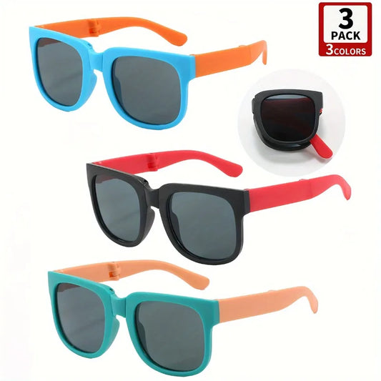 3PCS Folding Kids Sunglasses for Boys Girls Vintage Sports Square Children UV400 Outdoor Shades