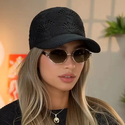 Summer Glossy Openwork Knit Baseball Cap for Women,Outdoor Sun Protection Hat Breathable Flattering Versatile
