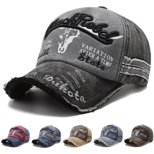 Vintage Embroidery Letter Bull Washed Baseball Cap, Retro Sun Hat for Men Women, Casual Hip Hop Peak Cap