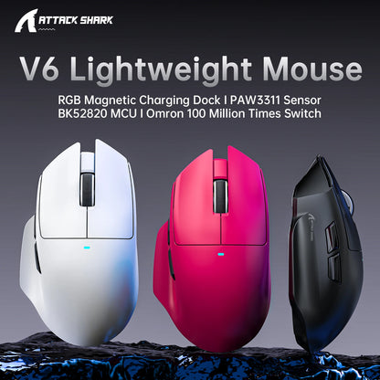 ATTACK SHARK V6  Wireless Gaming Superlight Mouse with RGB Magnetic Charging Dock,PAW3311 Sensor,Macro Gaming Mouse