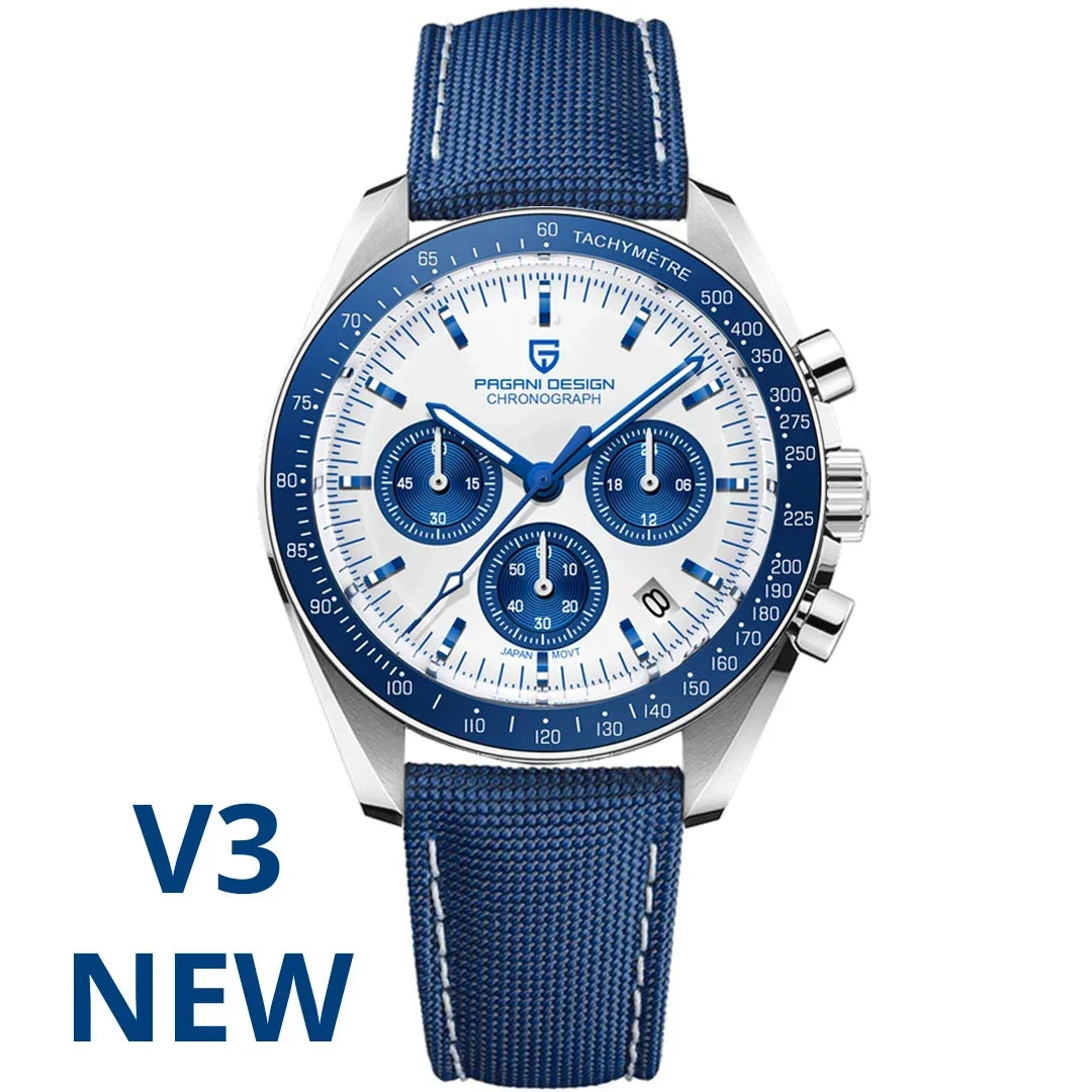 Montre pour homme PAGANI DESIGN (nouveau modèle V5 PD1701) – Chronographe sportif de type « Speed » à quartz, verre saphir avec traitement antireflet, étanche jusqu'à 100 mètres.