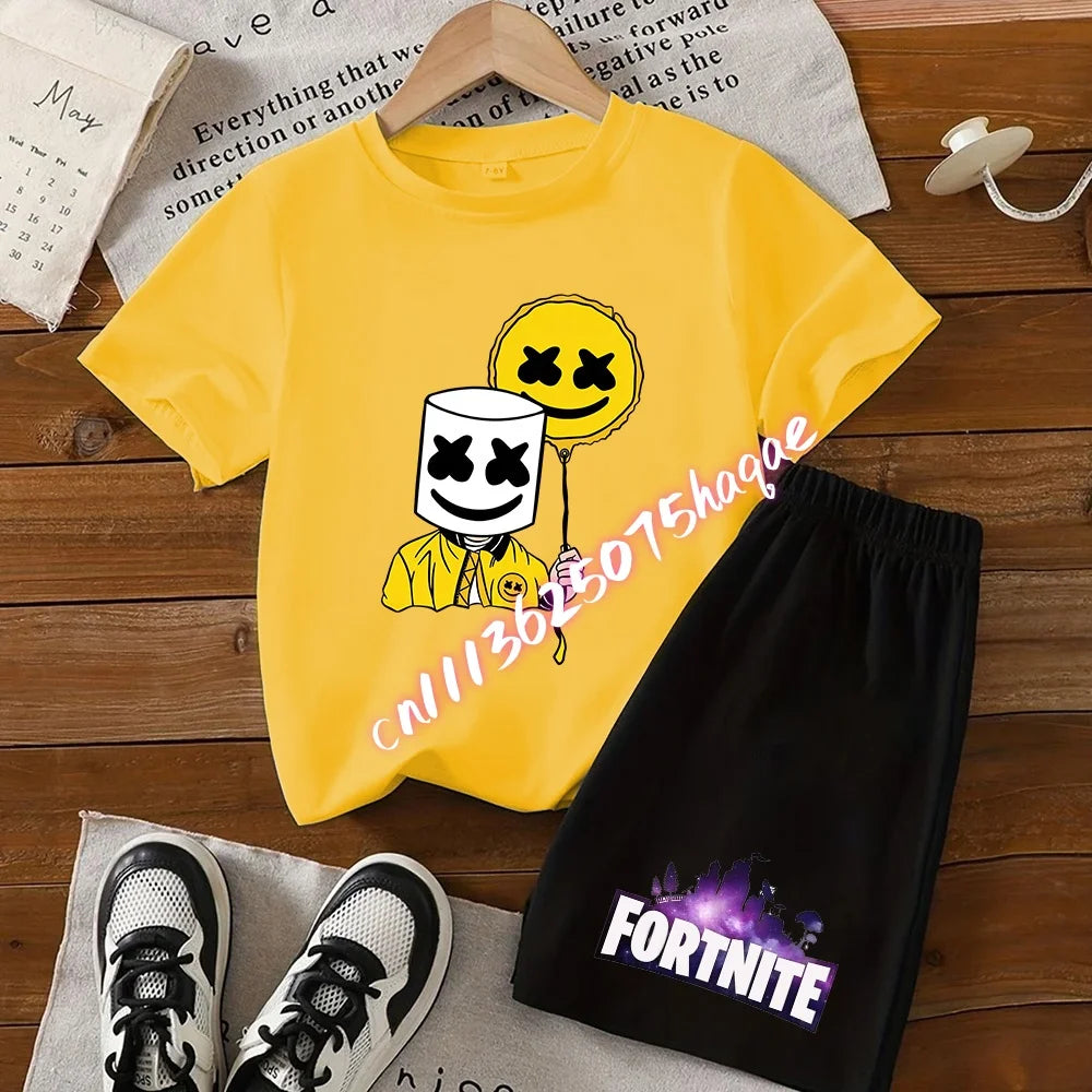 Completo estivo Fortnite con T-shirt e shorts per bambini e bambine, set 2 pezzi, abbigliamento bambino con top, T-shirt e pantaloncini, stampa Fortress Night, idea regalo
