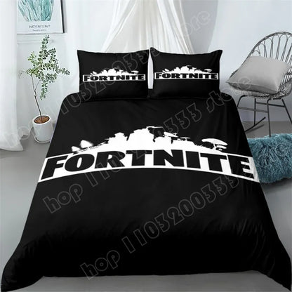 Fortnite-Bettwäsche-Set, 3-teilig, 3D-Druck, Bettwäsche für Schlafzimmer, Gaming-Cartoon-Dekor, Bettbezug und Kissenbezug, Geburtstagsgeschenk
