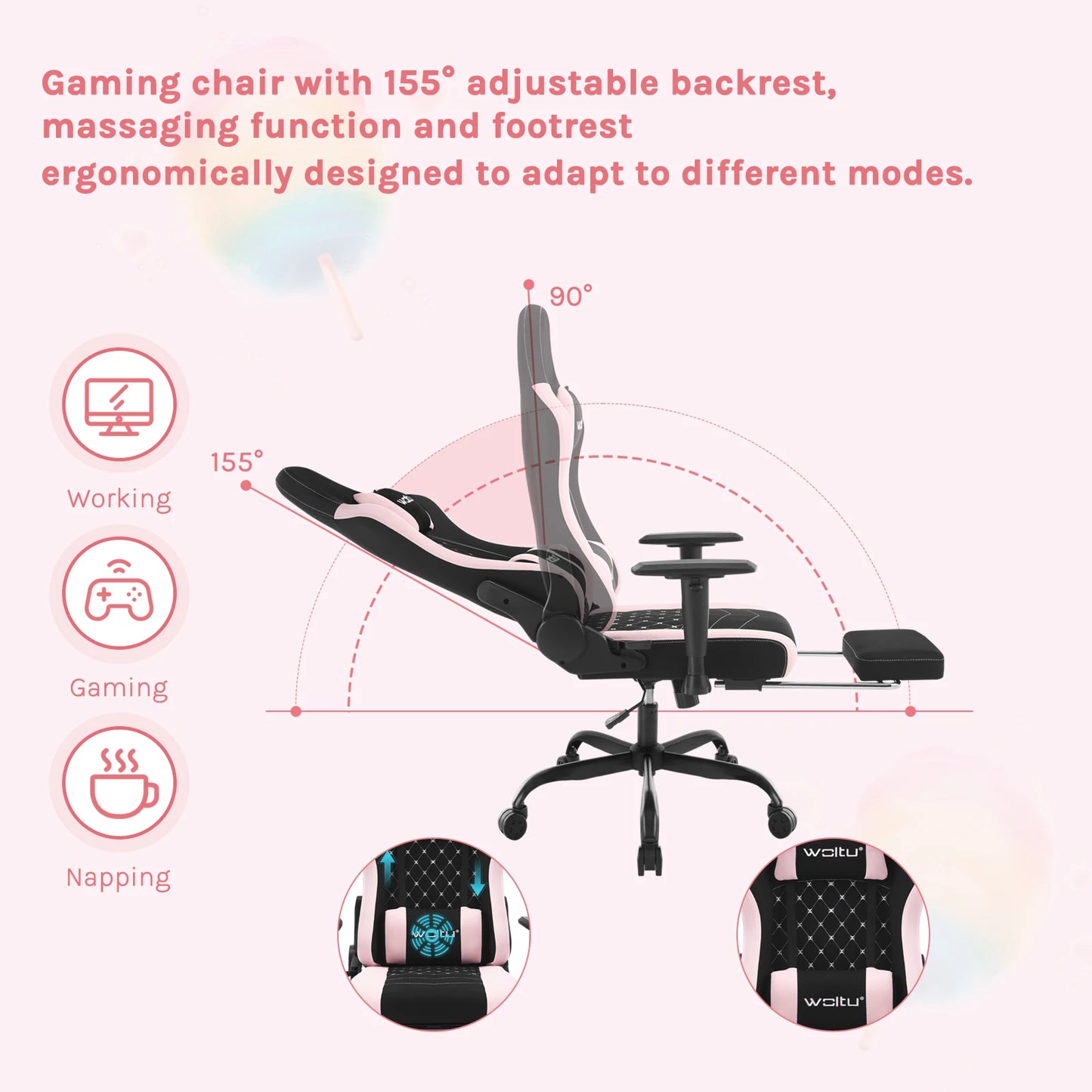 WOLTU Massage Gaming Chair Ergonomic Adjustable Height Office Armchair with Headrest Footrest Swivel Chair Mesh Computer Chair