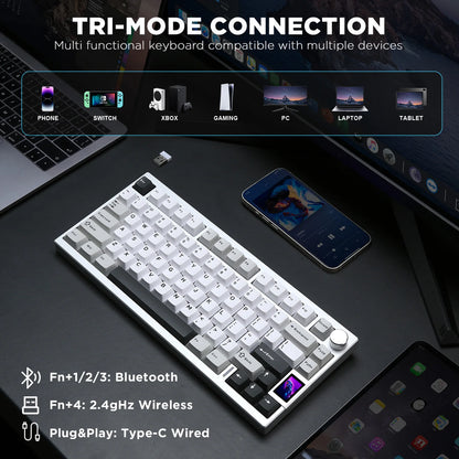 YUNZII AL80 Silver Wireless Mechanical Keyboard, Full Aluminum CNC Custom QMK/VIA Gaming Keyboard, LCD Display Hot Swap Keyboard