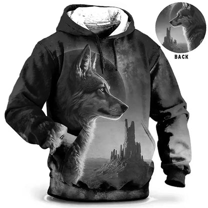 Vintage Hoodies for Men Wolf Animal Pattern 3D Print Eagle Leopard Tops Autumn Winter Casual Long Sleeve Oversized Tiger Hooded