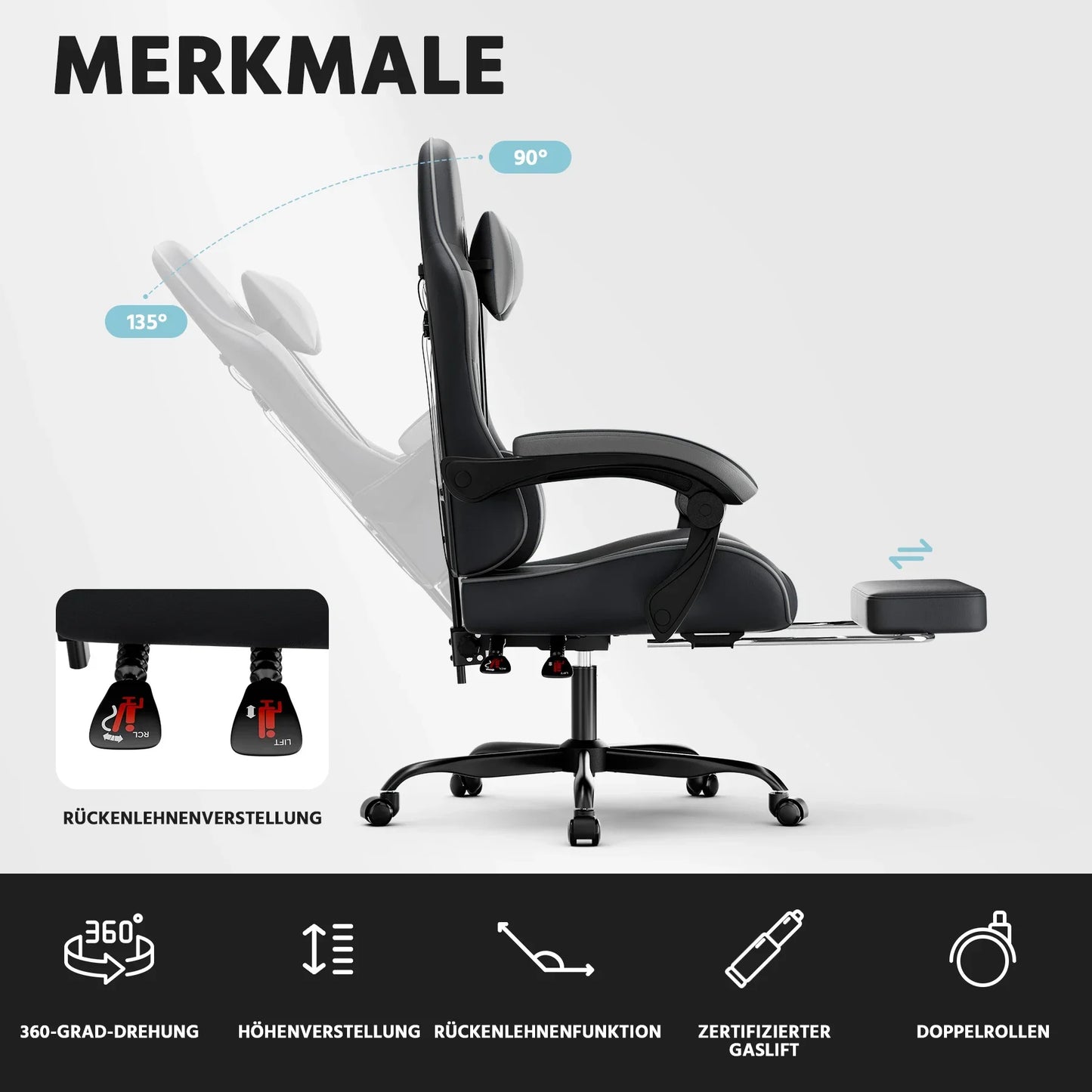 Black-Grey Ergonomic Gaming Chair, Lumbar Support, Breathable PU Leather, Adjustable Height & Backrest, 200kg for Office & PC
