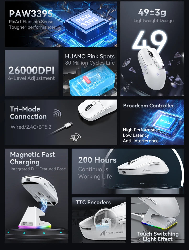 X6 Attack Shark Mouse RGB Touch Magnetic Charging Base Tri-Mode Connection Macro Pro Gaming Mouse