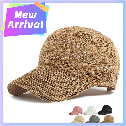 Summer Glossy Openwork Knit Baseball Cap for Women,Outdoor Sun Protection Hat Breathable Flattering Versatile