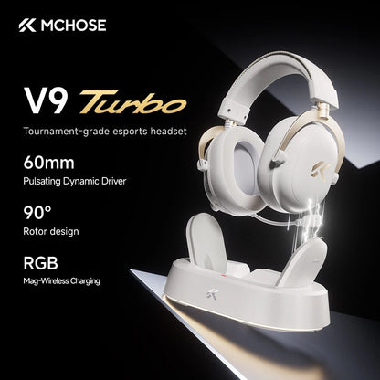 Auscultadores Gaming Sem Fios MCHOSE V9 Turbo 7.1 Surround Sound RGB para Esports com Drivers de 60mm, Microfone com Cancelamento de Ruído e Base de Carregamento