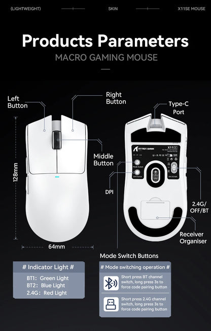 ATTACK SHARK X11SE Wireless Gaming Mouse, Tri-Mode, 63g Superlight With PAW3311 Sensor, 22000 DPI, 300mAh Battery, Dual Driver