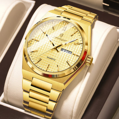 POEDAGAR luxury men’s wristwatch, water-resistant, luminous, stainless steel, with date and day of the week, quartz movement, business style.