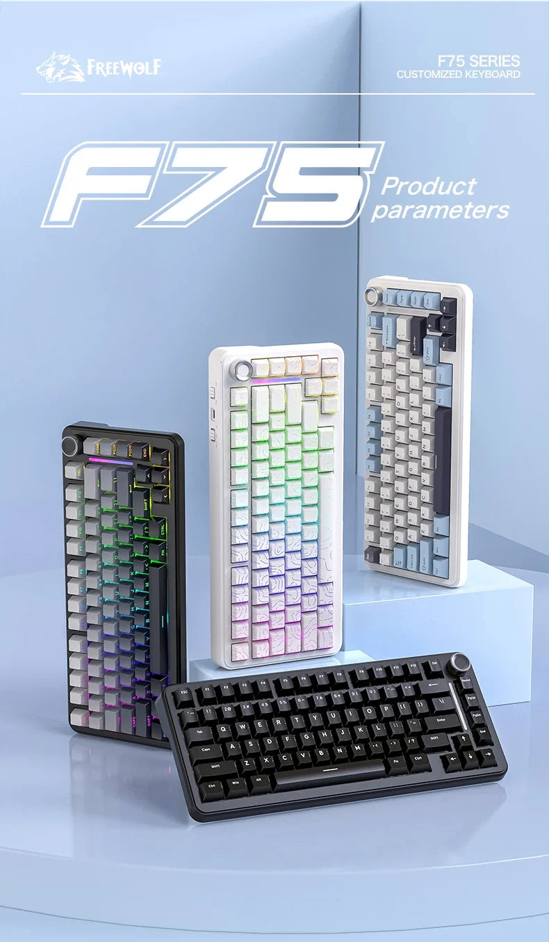 FREEWOLF F75 Gaming Mechanical Keyboard, 75% Tri-Mode Wireless Bluetooth, AULA F75 Same Model, RGB Hot Swappable PBT 4000mAh