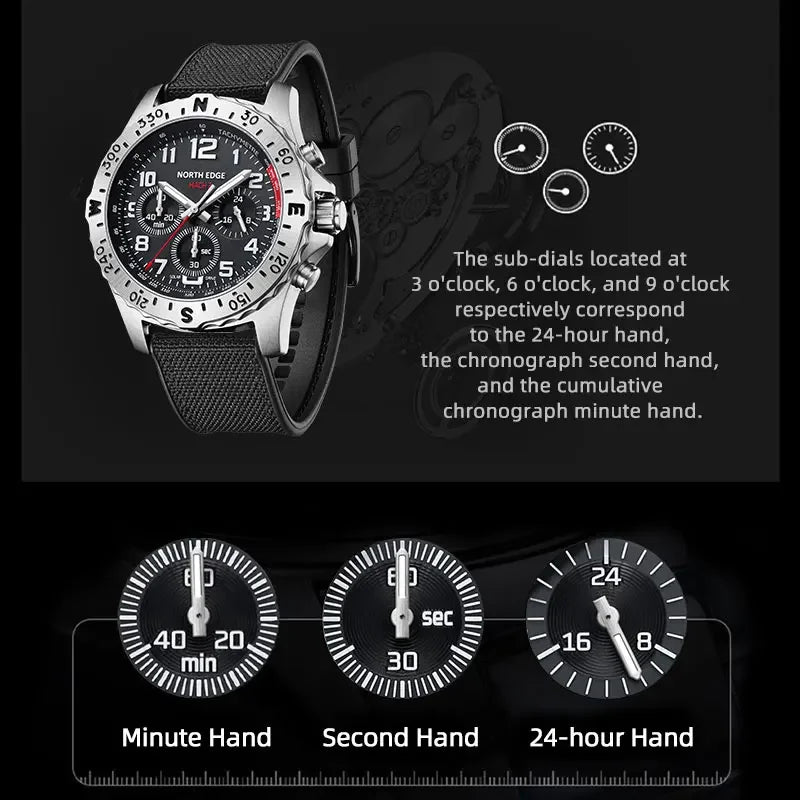 NORTH EDGE  Men's Watches Solar Power 316 stainless steel Case Quartz Watch For Men Pilot Waterproof 50M Stopwatch
