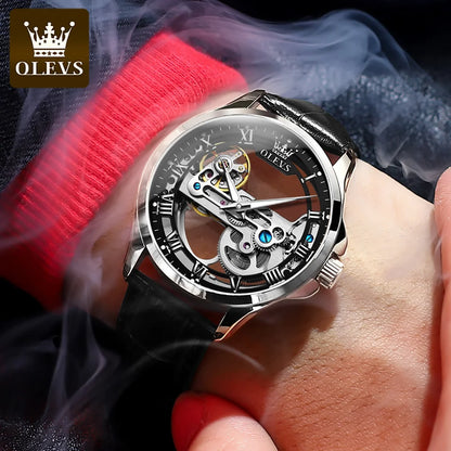 OLEVS 6661 – mekanisk automatisk herrklocka – helt transparent skelettmodell med synligt balanshjul, läderarmband, originell lyxklocka för män