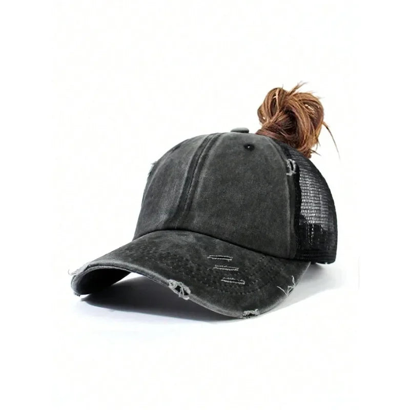 1 casquette de baseball vintage en maille « ponytail », casquette de camionneur ajustable, délavée et vieillie, offrant une protection solaire en extérieur, idéale pour le printemps et l'automne