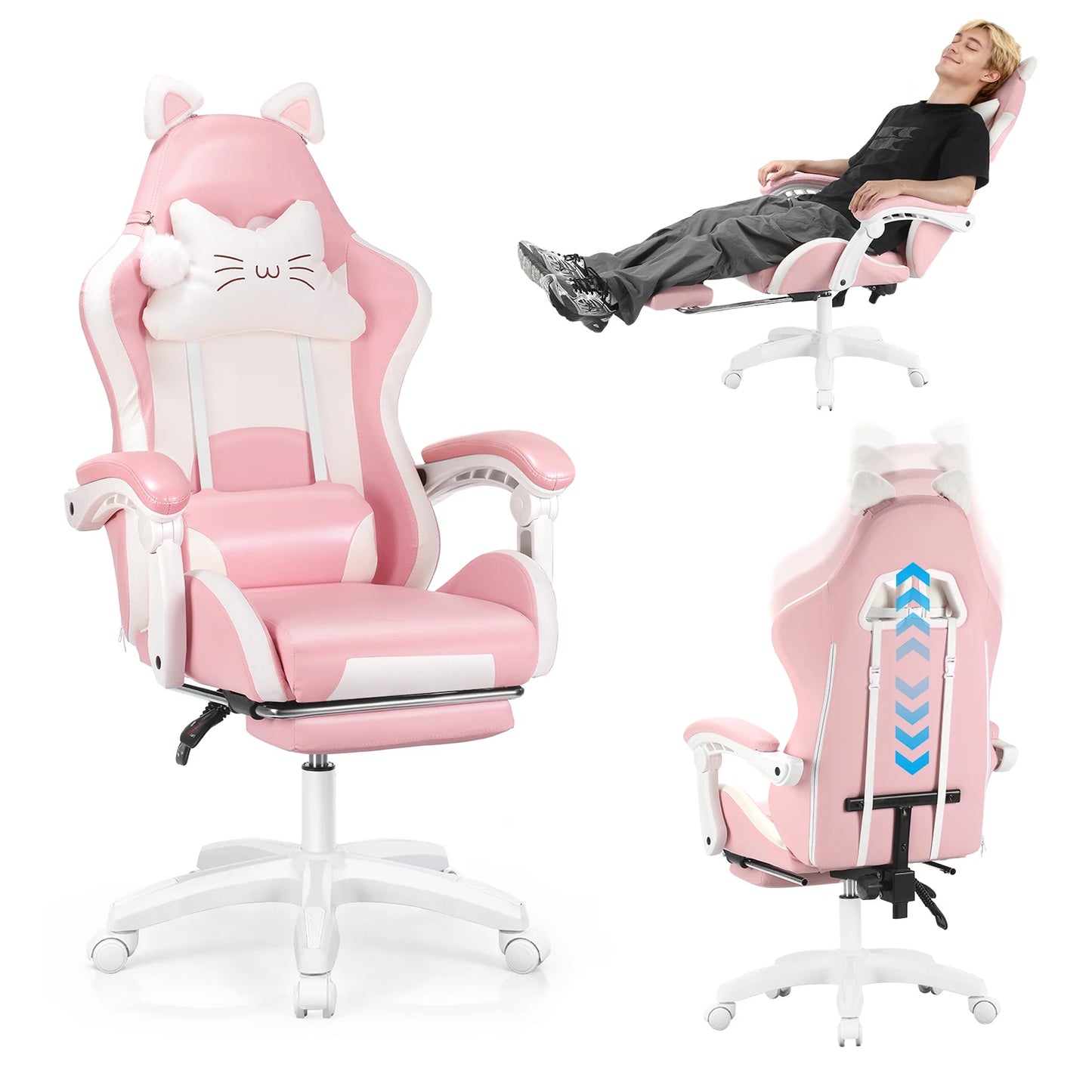 Gaming Chair with Cat Ears, Computer Armchair with Footrest and Lumbar Support, Height Adjustable Game Chair, 360°-Swivel Seat
