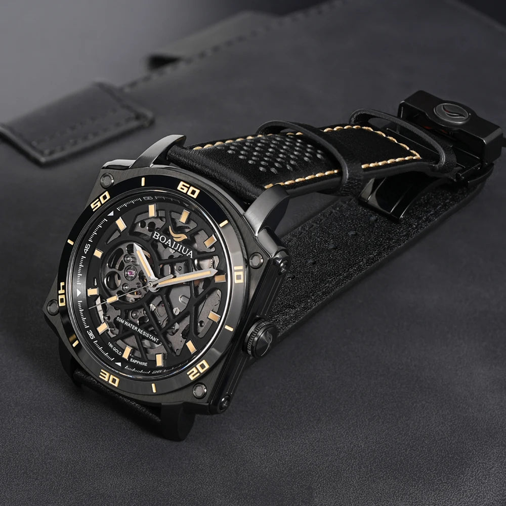 BORIAGE(BOAIJIUA) Men's Fully Automatic Mechanical Watch Original Design Cut out 50m Water Resistant Luminous Wristwatch