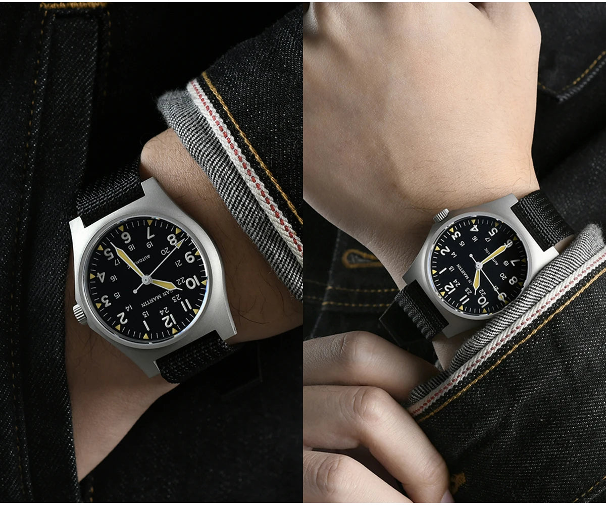San Martin Pilot Watch 38mm NH35 Retro Military Automatic Mechanical Wristwatch Bead Blasted Case Waterproof 100m SN0137