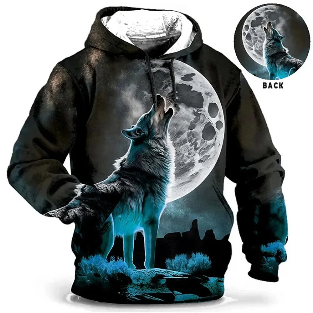 Vintage Hoodies for Men Wolf Animal Pattern 3D Print Eagle Leopard Tops Autumn Winter Casual Long Sleeve Oversized Tiger Hooded