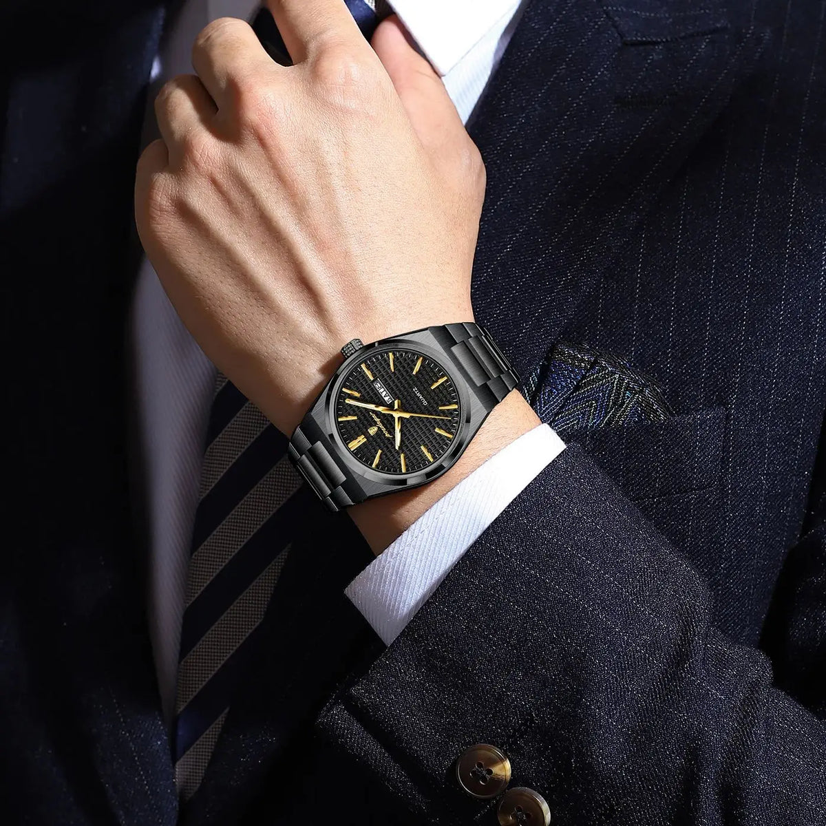POEDAGAR luxury men’s wristwatch, water-resistant, luminous, stainless steel, with date and day of the week, quartz movement, business style.