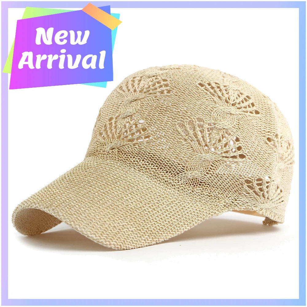 Summer Glossy Openwork Knit Baseball Cap for Women,Outdoor Sun Protection Hat Breathable Flattering Versatile