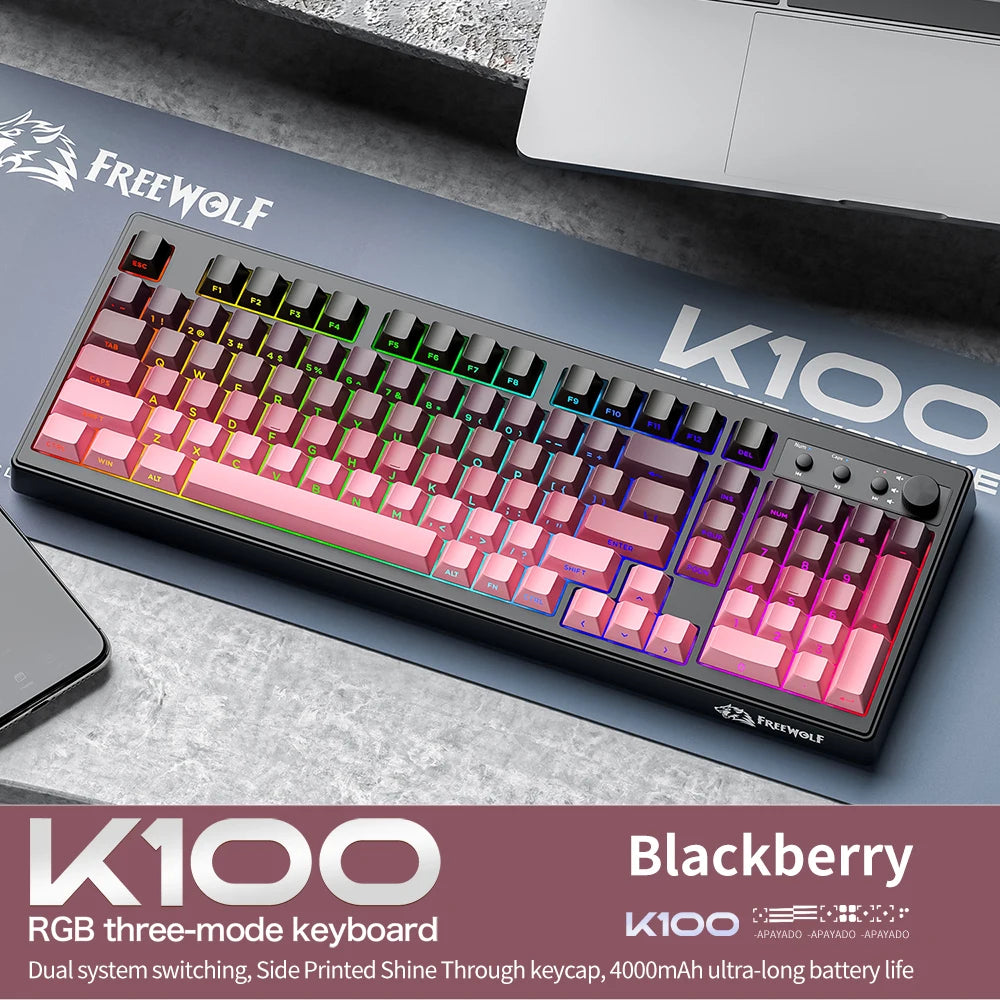 FREEWOLF K100 Wireless Keyboard Quiet with Media Knob|Side-print Backlit|4000mAh|26-Key Rollover Mechanical Feel Keyboard