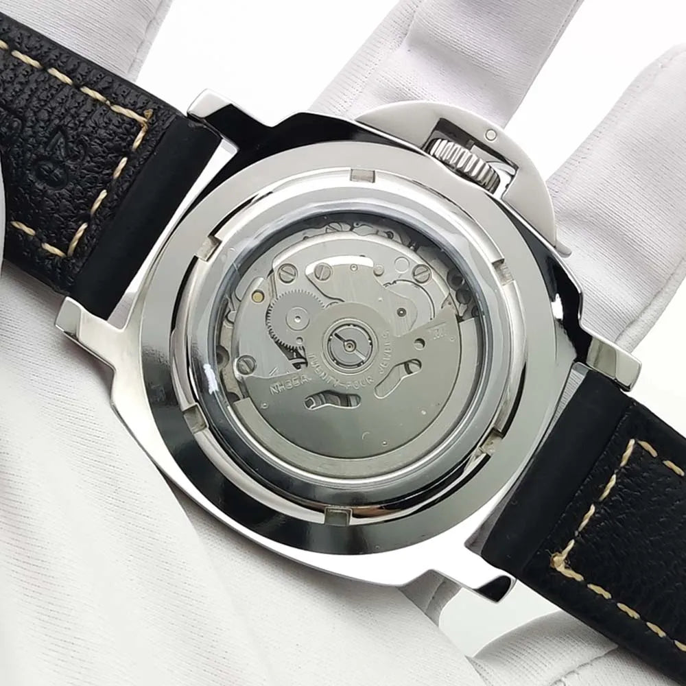 Parnsrpe Men's Automatic Mechanical NH35 Watch Polished Case Sapphire Glass Leather Strap 40mm Men's Watch