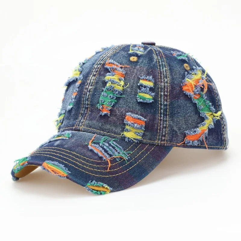 Vintage Washed Distressed Denim Colorful Baseball Cap for Men Women, Fashion Two-Tone Ripped Sun Protection Visor Hat Trendy