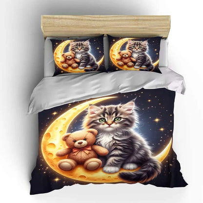 Cute Cat and Teddy on Moon Pattern Duvet Cover Set Digital Print Colorful Polyester Bedding with Zipper Closur for kids gifts