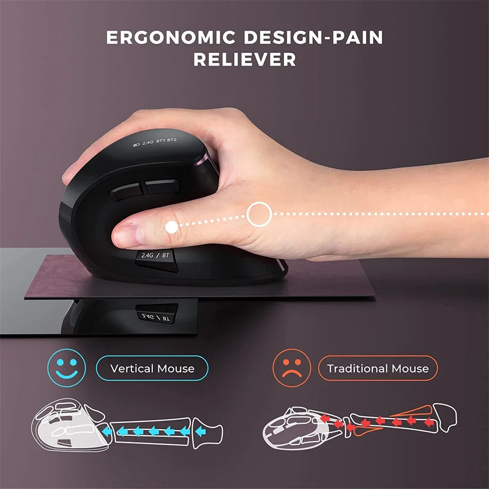 Jomaa 2.4G+Bluetooth Vertical Mouse Wireless for Apple Mac Laptop Notebook 9 Buttons Rechargeable Gaming Mouse for PC Ipad