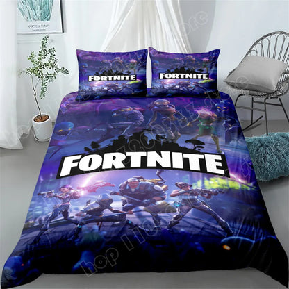 Fortnite-Bettwäsche-Set, 3-teilig, 3D-Druck, Bettwäsche für Schlafzimmer, Gaming-Cartoon-Dekor, Bettbezug und Kissenbezug, Geburtstagsgeschenk