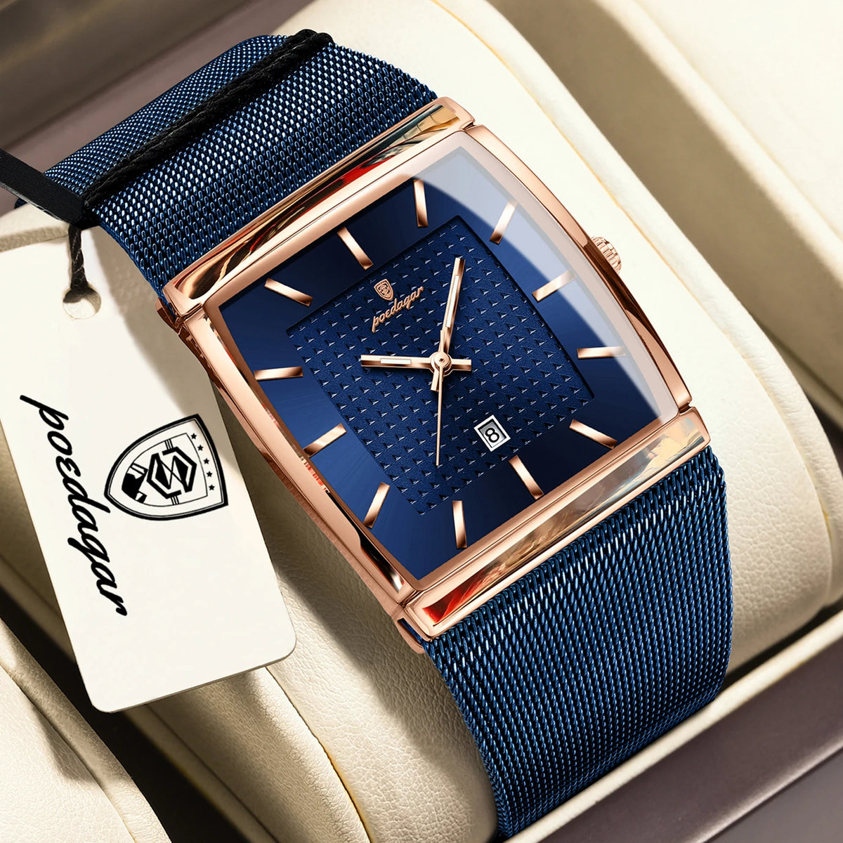 POEDAGAR Top Luxury Men Watch Stainless Steel Mesh Date Waterproof Luminous Man Wristwatch Casual Rectangle Quartz Men's Watches
